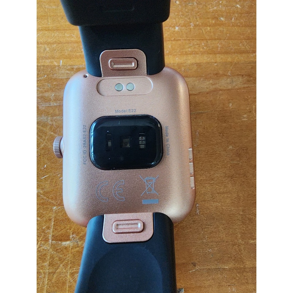 Smartwatch Model E22 Rose Gold Case Black Silicone Band Digital Watch As Is